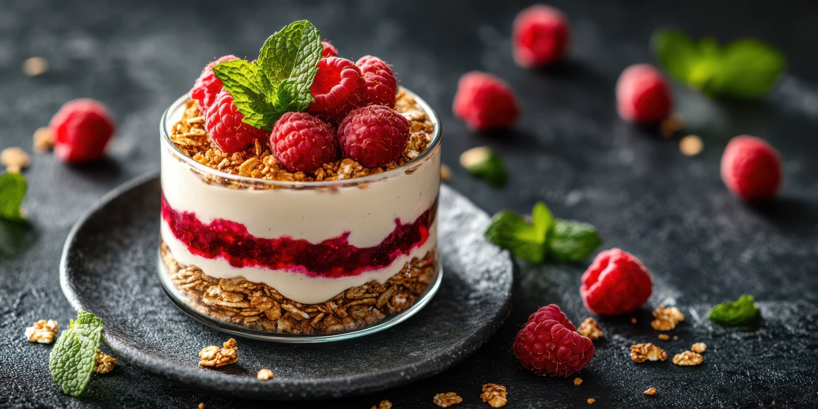 Delicious layered yogurt dessert with raspberries and granola on a black stone plate in a stylish setting